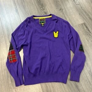 Purple V-Neck Sweater with Plaid Elbow Patches